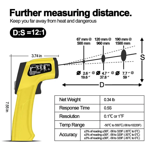 Miniatura 5 de BTMETER BT-980D D:S - Termómetro infrarrojo industrial de mano 12:1, pistola de temperatura láser digital sin contacto para -58℉ a 1022℉