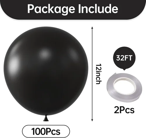 Miniatura 2 de KALOR Globos negros de 12 pulgadas, 0.11 oz/100 globos gruesos, globos de látex mate para fiestas de cumpleaños, decoraciones de boda, despedida