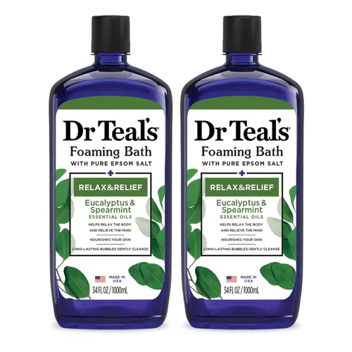 Dr Teal's - Baño espumoso con sal pura de Epsom, relajación y alivio con eucalipto y menta, 34 fl oz (paquete de 2)