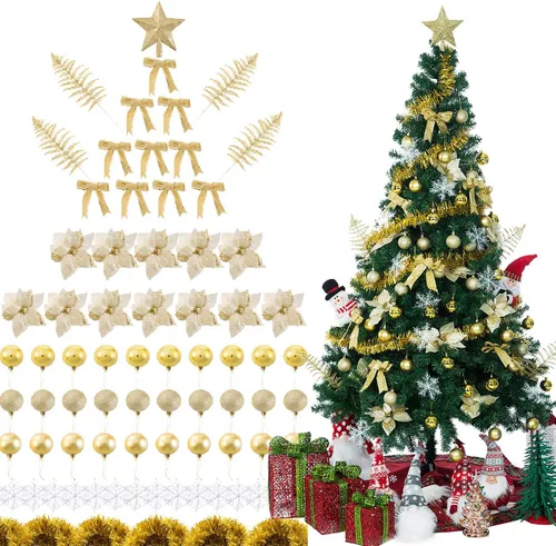 Sunnyglade 94 piezas de adornos para árbol de Navidad con purpurina, flores de Pascua, lazos, cintas, hojas y bola de decoración variada para árbol