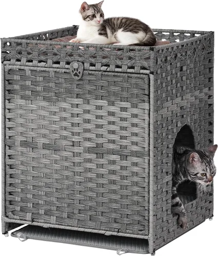 Miniatura 8 de Caja de arena para gatos con alfombrilla de arena suave; muebles ocultos de baño para gatos con puerta; casa de gato de ratán tejida a mano; jaula