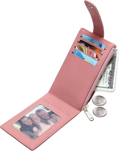 Miniatura 3 de OIDERY Cartera con tarjetero RFID para mujer, delgada, plegable, con cremallera, organizador de tarjetas, carteras con caja de regalo, Rosado