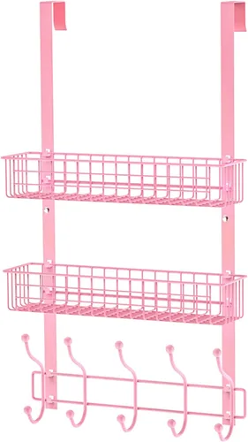 Perchero, colgador sobre la puerta con cesta de malla, estante de almacenamiento desmontable para toallas, sombreros, bolsos, abrigos (rosa-2 cestas)