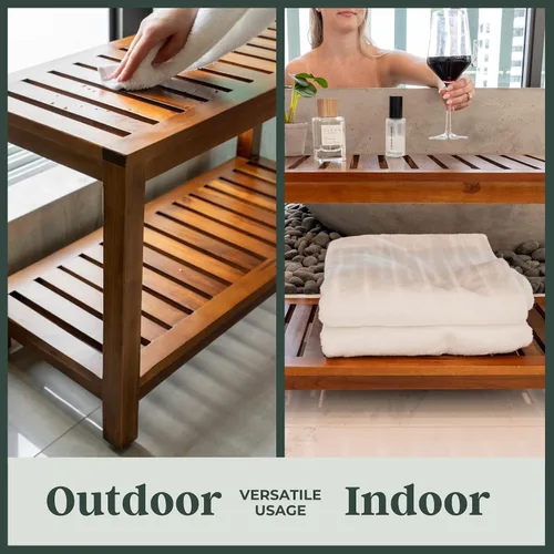 Miniatura 6 de Banco de ducha de teca de 30 pulgadas – Banco de madera totalmente montado con estante, resistente al agua, pies ajustables antideslizantes – Spa