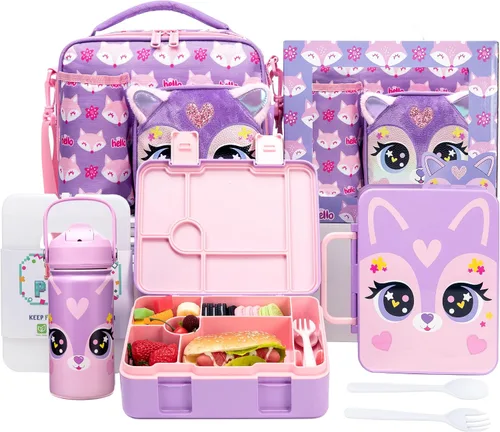 Miniatura 15 de Caja Bento para Niños Lonchera para Niños Caja Bento para Niños Juego de Lonchera con 5 Compartimentos Botella de Acero Inoxidable para Agua, Bolsa
