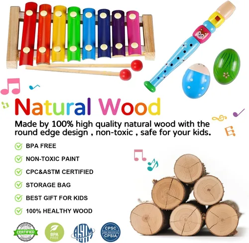 Miniatura 3 de Instrumentos musicales para niños, instrumentos de percusión de madera para niños pequeños, pandereta, xilófono, juguetes para niños y niñas