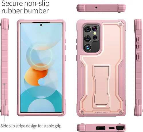 Miniatura 4 de ExoGuard Funda para Samsung Galaxy S22 Ultra, funda de goma resistente a prueba de golpes con soporte incorporado (rosa)
