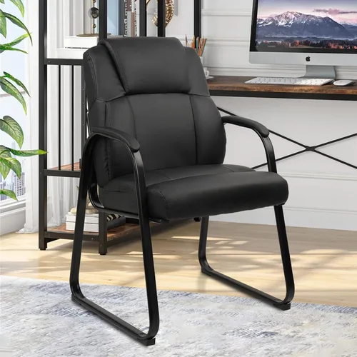 Miniatura 2 de CLATINA Silla de oficina para invitados de cuero con reposabrazos acolchado y base de trineo, silla de escritorio sin ruedas para recepción, Base