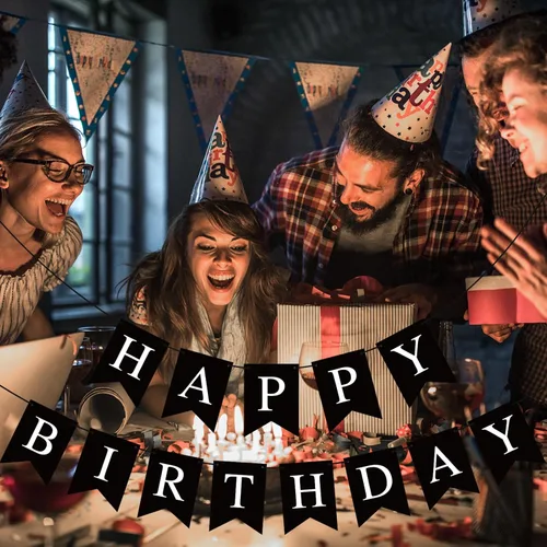 Miniatura 5 de Hooqict Cartel de feliz cumpleaños negro para telón de fondo, decoraciones de cumpleaños negras para hombres y mujeres, suministros de fiesta