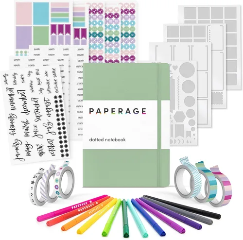 Miniatura 11 de PAPERAGE Kit de diario de viñetas, juego de diario punteado y kit estacionario, cuaderno de tapa dura con puntos (rubor), 12 bolígrafos finos, 8