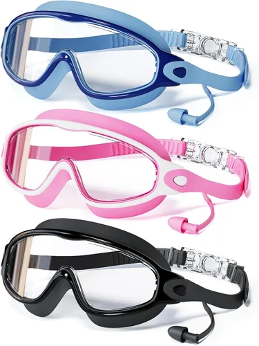 Miniatura 8 de Paquete de 3 gafas de natación para niños, con tapones para los oídos, marco grande, antivaho, UV, visión amplia, para niños y niñas de 4 a 12 años