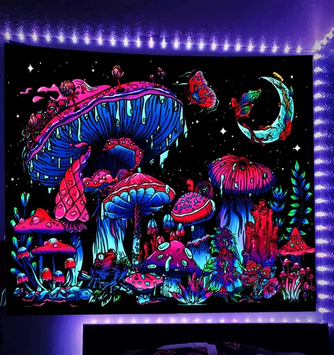 TUGCAY Tapiz de hongos con luz negra, que brilla en la oscuridad, tapiz de plantas con luz negra, fantasía, hongo, mariposa, luna, reactivo a los