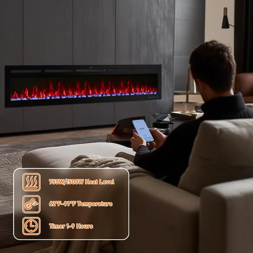 Miniatura 4 de Chimenea eléctrica inteligente WiFi de 33 pulgadas, 13 llamas y lecho de combustible con ciclo automático, calentador de chimenea con control