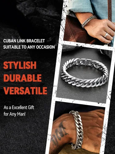 Miniatura 2 de FaithHeart Pulsera de eslabones cubanos de acero inoxidable para hombre, cadena de eslabones para hombre chapada en oro/negro/plata de 8/12/17mm