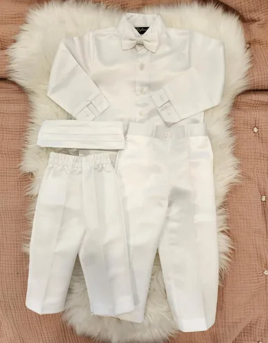 Miniatura 3 de iGilrDress - Cola de cuello mandarín blanco para bautizo y bautizo, 5 piezas, esmoquin con bordado cruzado