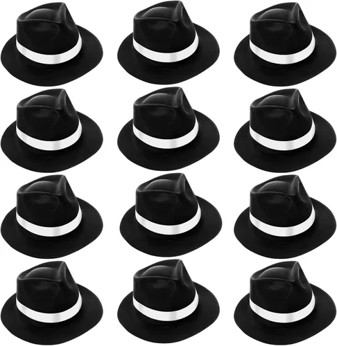 Miniatura 8 de Sureio Sombrero de gángster de 12 piezas, sombreros de plástico para caballeros, sombreros de disfraz de gángster para hombres, mujeres, niños