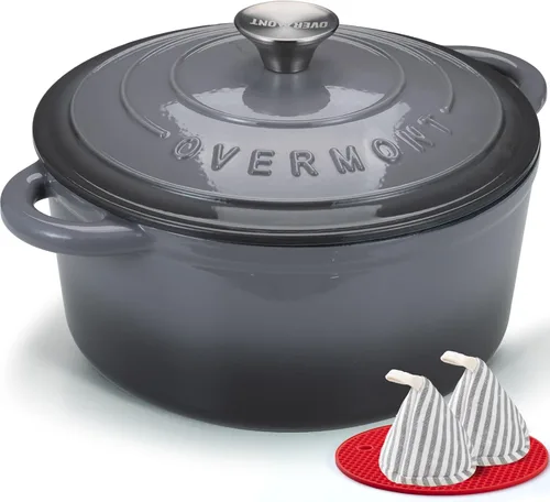 Miniatura 34 de Overmont Horno holandés de hierro fundido esmaltado, olla de 5.5 cuartos de galón con tapa de asas anchas, libro de cocina y agarraderas de algodón