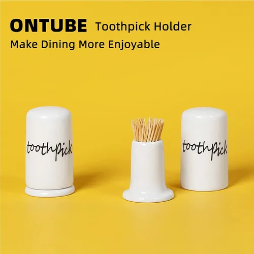 Miniatura 3 de ONTUBE Dispensador de palillos de dientes de cerámica con tapa, juego de 2, color blanco