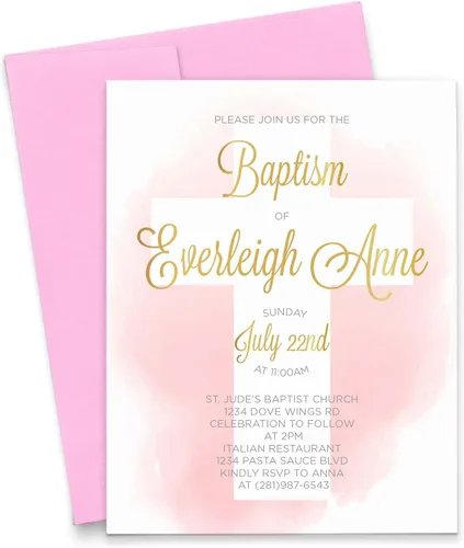 Invitaciones de bautismo en acuarela rosa y dorada para niñas, invitaciones de bautismo personalizadas para niñas, tu elección de cantidad y color