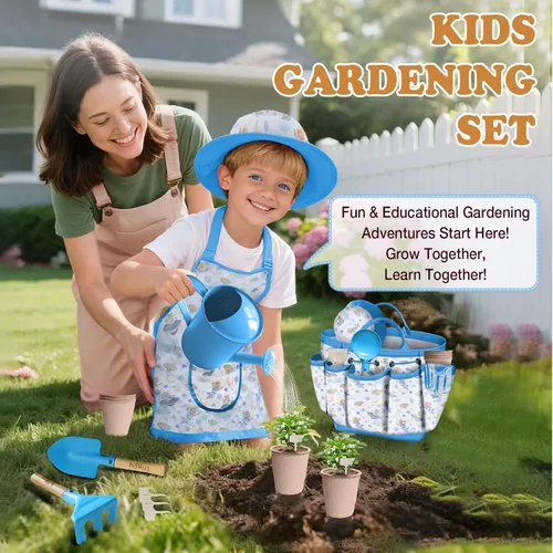Miniatura 2 de Juego de herramientas de jardinería para niños 18 piezas, juego de jardinería para niños y niñas que incluye bolsa de mano, regadera, delantal