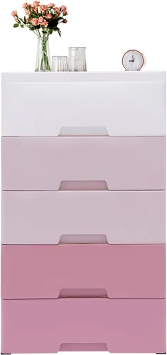 Miniatura 6 de Armario de almacenamiento de plástico de 5 niveles con 5 cajones, armario vertical de almacenamiento de ropa, ahorro de espacio, para el hogar, rosa