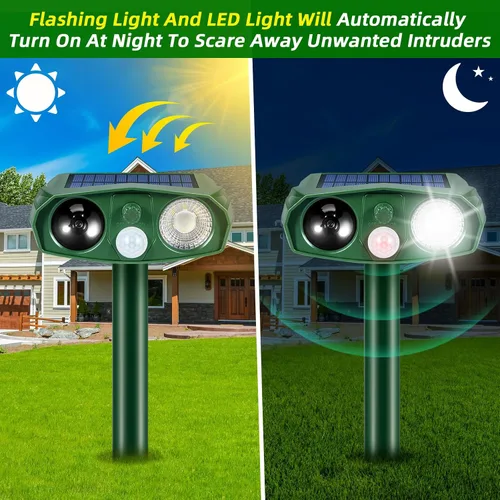 Miniatura 3 de Repelente solar de animales para exteriores, disuasorio ultrasónico de jardín con sensor de movimiento para gatos, ardillas y roedores, estaca