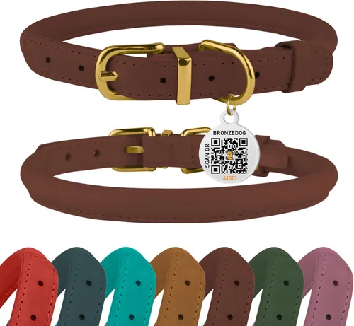 Miniatura 30 de Collar de cuero enrollado, redondo, suave y ajustable con placa de identificación por QR para perro pequeño, mediano y grande, cachorro y gato Rosa