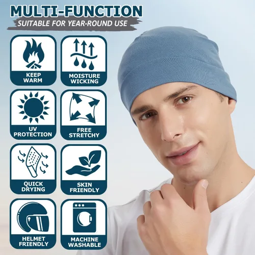 Miniatura 3 de Headshion Gorras de algodón con diseño de calavera para hombres y mujeres, paquete de 2 gorros ligeros para dormir, transpirables, forro para casco