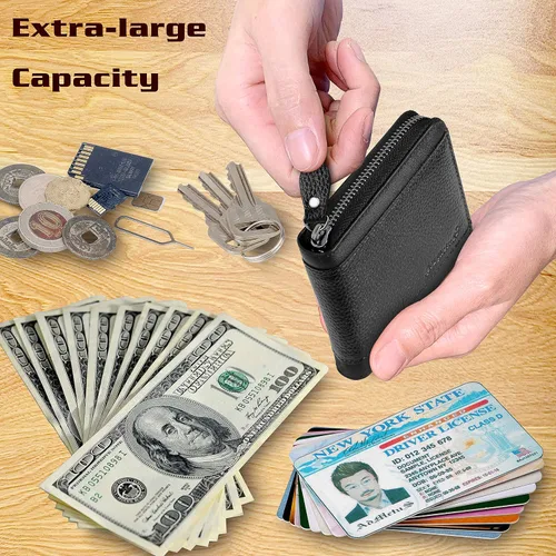 Miniatura 10 de Admetus Billeteras con bloqueo RFID para hombre, billetera de cuero con cremallera para hombres con tarjetero RFID plegable