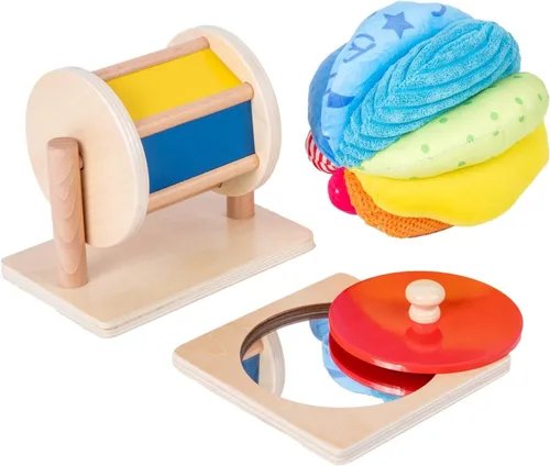 Montessori - Kit de juguetes para bebés, espejo, peekaboo, rompecabezas de perillas, tambor giratorio, bola arcoíris - niños pequeños de 6 a 12 meses