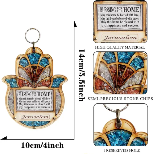 Miniatura 2 de My Daily Styles Bendición Hamsa de madera para el hogar Jerusalén - Decoración de pared de buena suerte con piedras preciosas de imitación