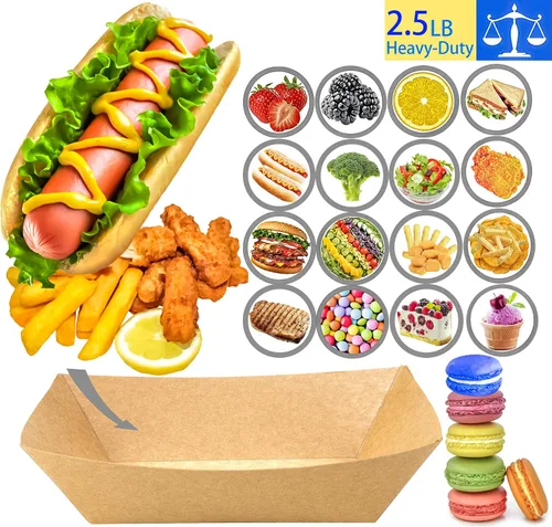 Miniatura 4 de Paquete de 50 bandejas de papel kraft de 2.5 libras, desechables, botes de comida de alta resistencia, bandeja para aperitivos, perritos calientes