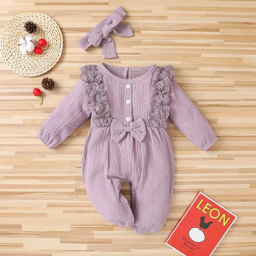Miniatura 2 de Mono de algodón para bebé, ropa de niña con lazo para niña, un mameluco de encaje de lino para niñas de 0 a 24 meses (morado, 12 a 18 meses)