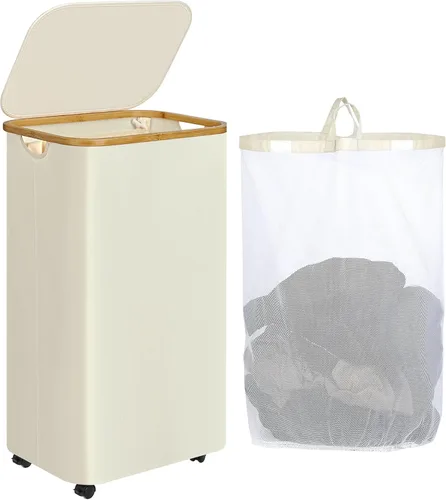 Miniatura 22 de iEGrow Cesta de lavandería delgada de 65L, cesta de lavandería estrecha con tapa, cesta de ropa plegable con asas de bambú, cesta de lavandería