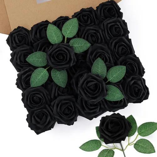 Miniatura 32 de DuHouse 25 rosas artificiales con tallos, flores de espuma de tacto real para bricolaje, ramo de boda, centro de mesa, arreglo floral, fiesta, Verde
