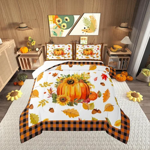 Miniatura 12 de Castle Fairy Juego de edredón de calabaza, hojas de arce para niños, niñas, mujeres, adultos, escena de otoño, casa de campo, edredón acolchado