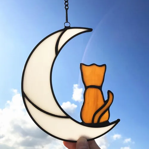 Miniatura 9 de Decoración de gato atigrado gris en luna azul para colgar en la ventana, regalo conmemorativo para los amantes de los gatos, adorno para mascotas