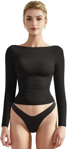 Miniatura 19 de SUUKSESS Camiseta de mujer con cuello redondo, manga larga, doblemente forrada, ajustada y corta
