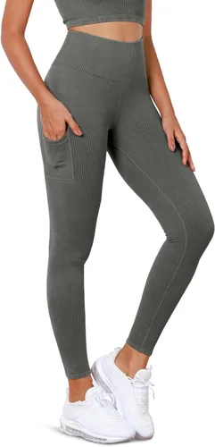 ODODOS Leggings sin costuras para mujer con bolsillos, cintura alta, lavado ácido, acanalado, pantalones de yoga para gimnasio y entrenamiento