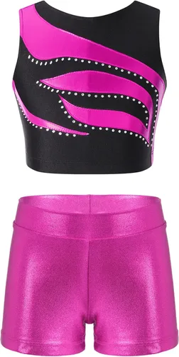 Conjunto deportivo de 2 piezas para niñas, camiseta sin mangas brillante con pantalones cortos, para gimnasio, deportes, leotardo, entrenamiento,