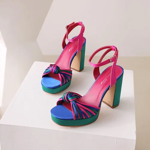 Miniatura 4 de sun gurg Sandalias de punta abierta para mujer, con correa al tobillo, plataforma y tacón alto grueso, zapatos de fiesta con lazo