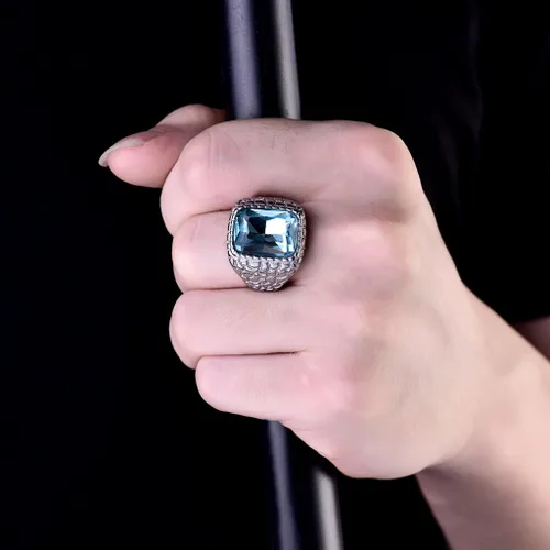 Miniatura 6 de MASOP anillo de compromiso de acero inoxidable antialérgico de 316 L con cristal de aguamarina sintético