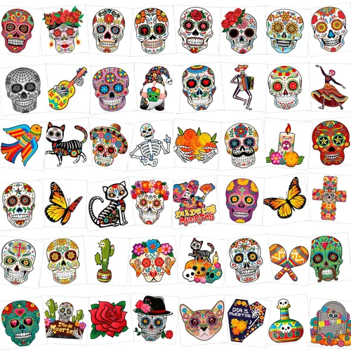 HOWAF 96 tatuajes de cara del Día de los Muertos, disfraz de Día de los Muertos, tatuajes temporales del Día de los Muertos, calcomanías de calavera