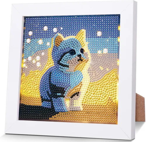 xackcme Kits de pintura de diamantes de gato para niños con marco, arte de diamantes de animales para niños de 4 a 8 a 12 años, kit de pintura de