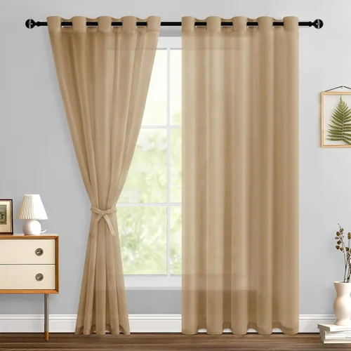 Miniatura 163 de Hiasan - Cortinas traslúcidas de gasa cortas semitransparentes con ojales y alzapaños filtrantes de luz para ventana, dormitorio, baño, 2 paneles