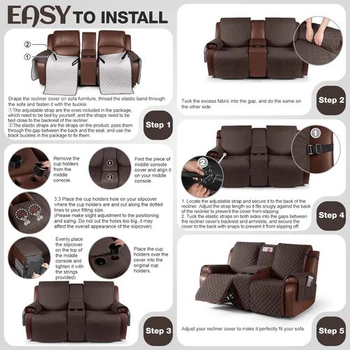 Miniatura 6 de KinCam Funda para Sofá Reclinable Loveseat 100% Impermeable con Consola, Fundas Antideslizantes para Sofá Reclinable de 2 Asientos, Funda de Sofá