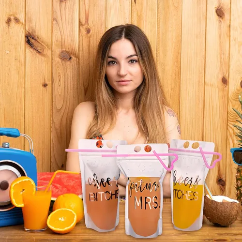 Miniatura 4 de Patelai 16 vasos para bebidas de despedida de soltera con pajilla, bolsas desechables de jugo de 17 onzas, vasos desechables para bodas y despedidas