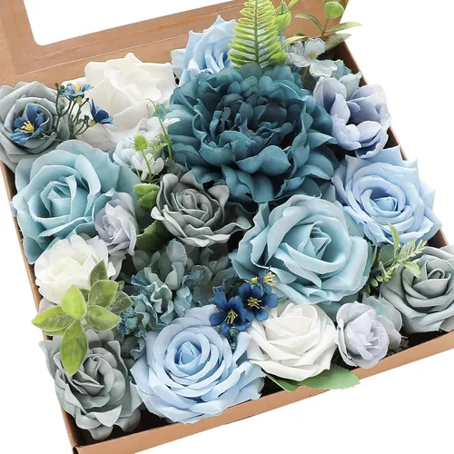 Miniatura 26 de Floroom - Flores artificiales de aspecto real en color lila, lavanda, púrpura y crema, rosas falsas, dalias y vegetación en conjunto de caja