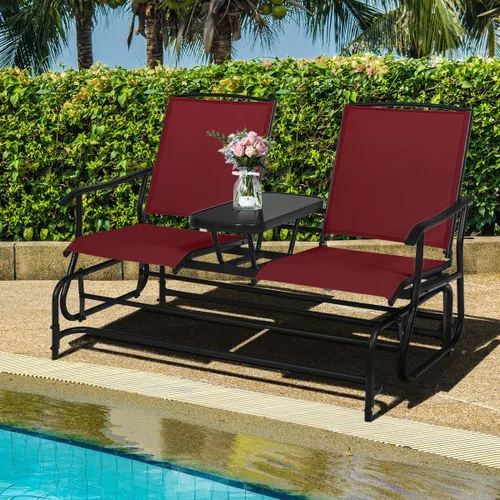 Miniatura 9 de Giantex Banco columpio para exteriores, silla oscilante con estructura de metal, mesa central de vidrio templado, asiento deslizante para dos Borgoña