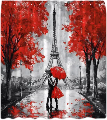 Cortina de ducha con diseño de torre Eiffel, romántica, para parejas, amantes, rojo, gris, París, ciudad, árbol, pintura al óleo, arte retro
